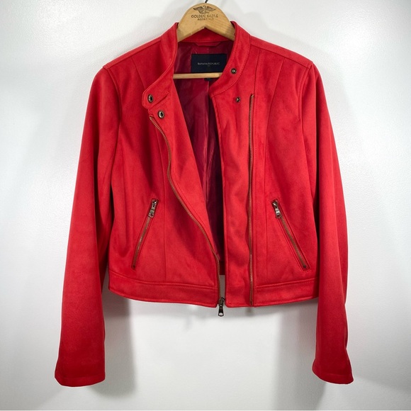 Banana Republic Pure Red Banded Collar Vegan Suede Moto Biker Racing Jacket S - Picture 1 of 16